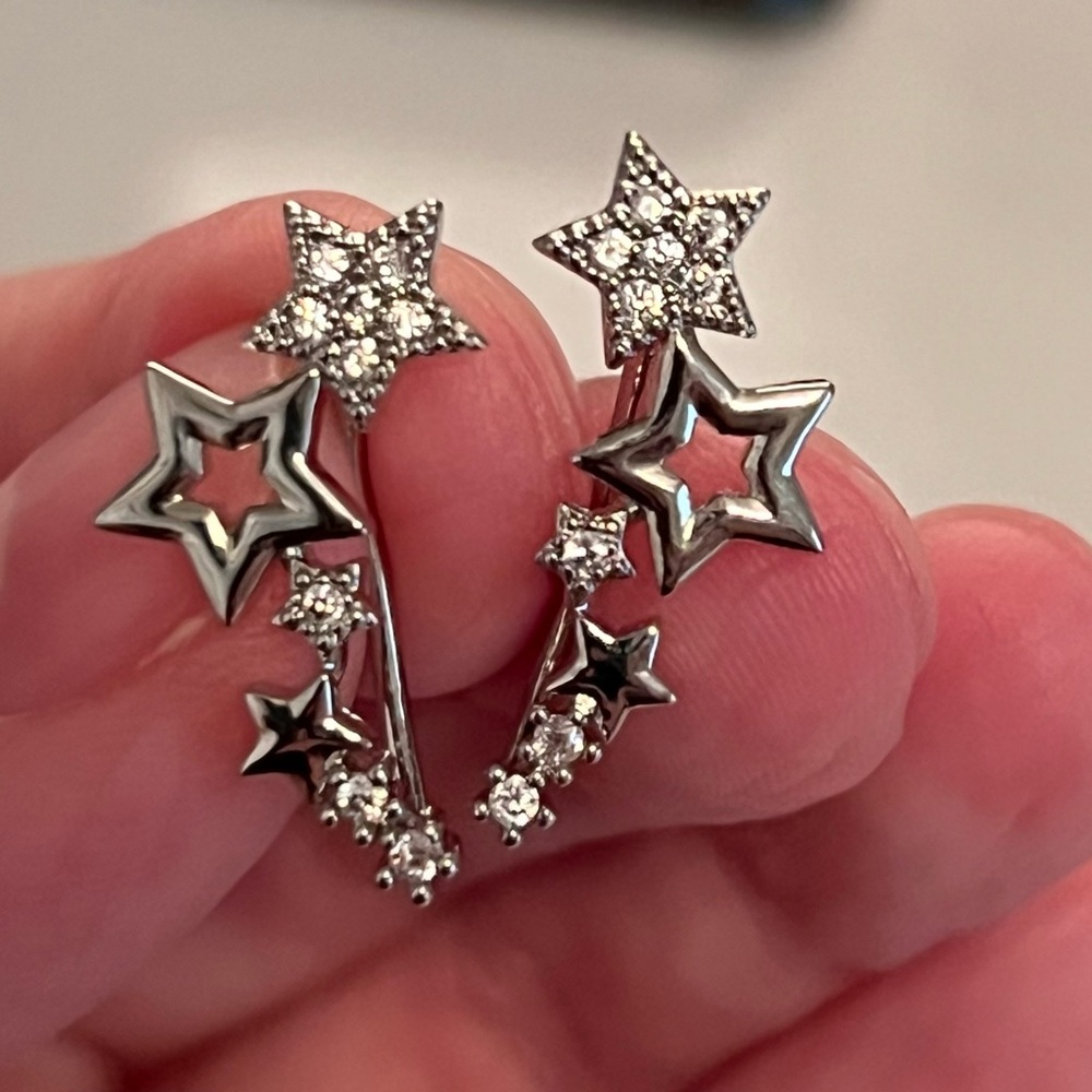 Silver Diamond Star Ear Climbers